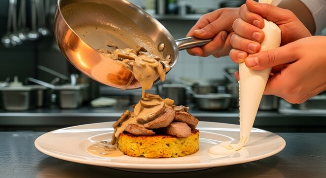 Chef Plating Zürcher Geschnetzeltes with Creamy Mushroom Sauce on Rösti Swiss Dish