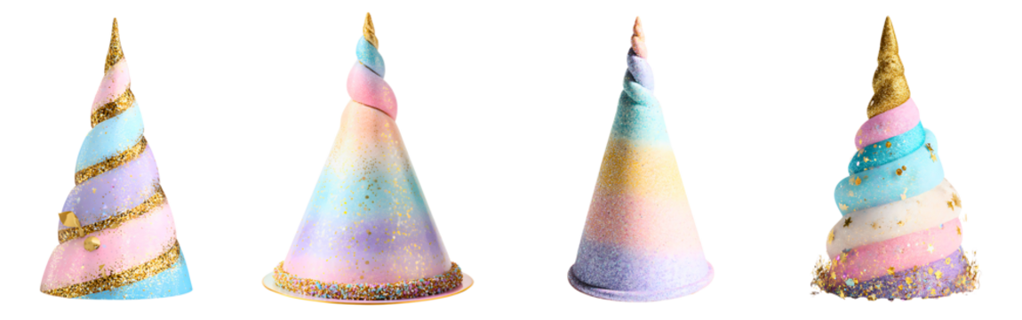 Four colorful unicorn horn shaped hats with glitter accents isolated on a transparent background. - Powered by Adobe