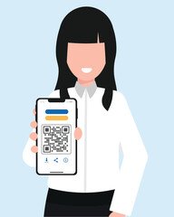 Businesswoman showing a QR code display on a smartphone in her hand holding.