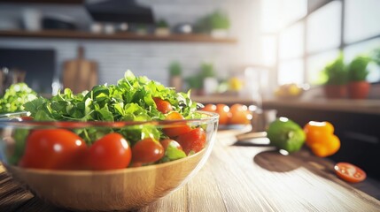 Fresh Salad with Cherry Tomatoes and Green Leaves in Kitchen Setting