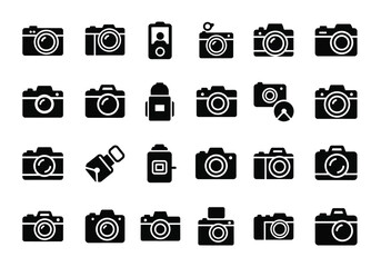 Collection of various camera icons, including dslr, mirrorless, vintage, and instant cameras, isolated on a