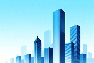 Fototapeta premium A modern city skyline featuring tall blue skyscrapers under a clear blue sky, representing urban architecture and development.