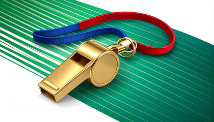 Whistle referee coach sport game competition training equipment safety gold metal lanyard red blue green field play official instruction supervision guidance alert signal sound communication tool 
