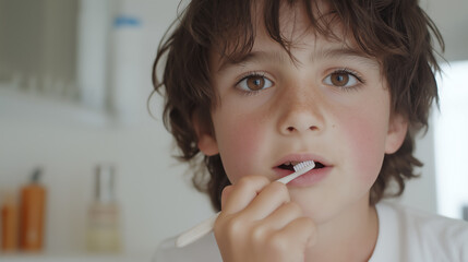 Toothbrushing routine: Child focused on hygiene in the bathroom during morning dental care