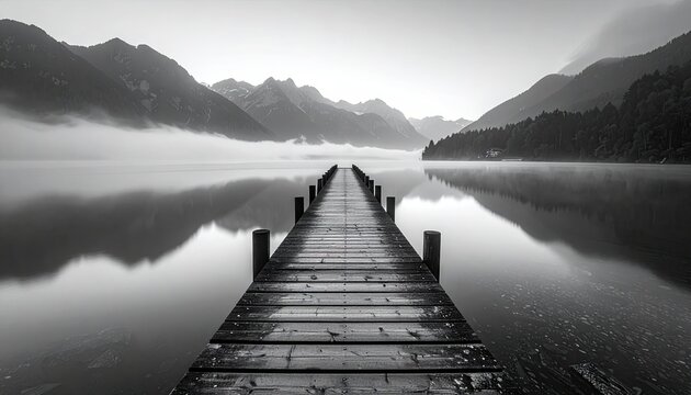 Serene Lakeside Wooden Dock on a Misty Morning.