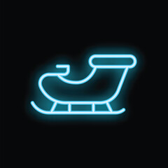 Glowing neon santa claus sleigh delivering christmas presents on black background