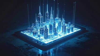 Futuristic Cityscape Digitalization with Neural Network Connection and Blue Holographic Display