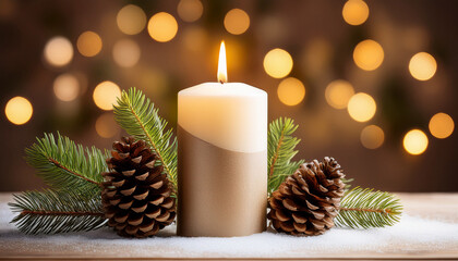 Merry Christmas Candle With Pine Cones And Festive Bokeh Background
