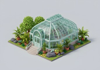 Isometric Greenhouse with Lush Plants and Garden Elements