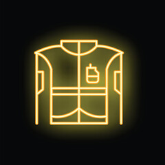 Neon sign representing a jacket with a walkie talkie in the pocket, glowing on a dark background