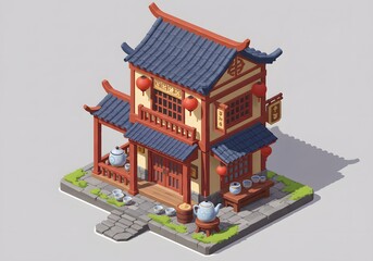 Isometric Traditional Chinese Tea House with Ceramic Teaware and Lanterns