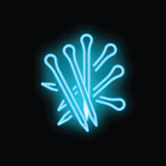 Fototapeta premium Blue neon sign depicting tweezers for eyebrow correction surrounded by needles on a black background