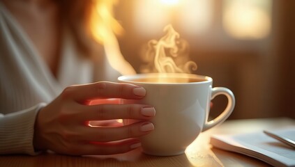 A woman holding a steaming cup of coffee next to a notebook in warm light on a wooden table