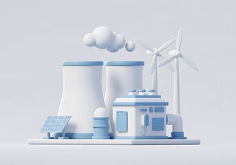 Modern Renewable Energy Plant with Wind Turbines, Solar Panels, and Cooling Towers