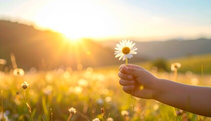 A child's hand gently holds a white daisy in a sun-drenched golden meadow at sunset, symbolizing innocence and nature's beauty.