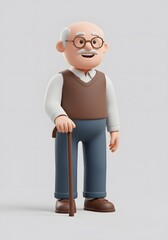 Smiling Senior Man with Cane, 3D Cartoon Character