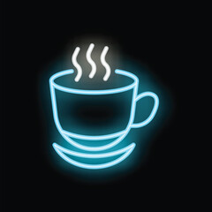 Neon sign icon of a hot steaming cup of coffee on a saucer, glowing brightly on a dark background