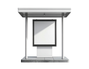 A minimalist bus stop shelter featuring a blank advertisement panel and a simple roof supported by two vertical poles.