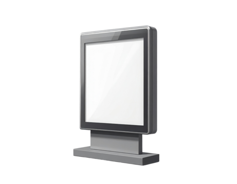 A sleek digital display stand with a blank screen, designed for showcasing information or advertisements.