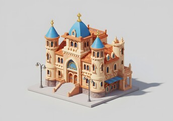 Stylized 3D Isometric Castle Building with Blue Domes and Golden Cross