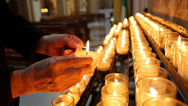 A person s hands light a row of votive candles in a dimly lit church creating a warm glow and a sense of peace and reflection burning candles in buddhist temple  All Saints’ Day