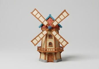 Whimsical Cartoon Windmill Building with Rotating Blades on White Background