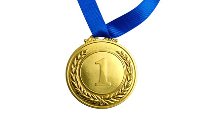 Gold medal first place winner victory achievement success competition award prize champion ribbon blue celebration sport performance excellence leadership motivation dedication effort