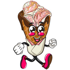 waffle ice cream with chocolate and sprinkles mascot walking, work of hand drawn