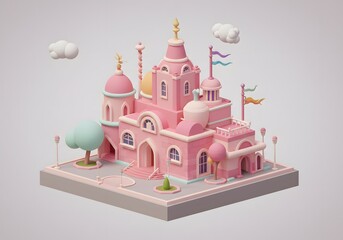 Whimsical Pink Cartoon Castle Building with Clouds and Trees - 3D Render