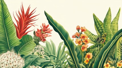 Obraz premium Vibrant tropical botanical illustration with lush foliage and exotic flowers