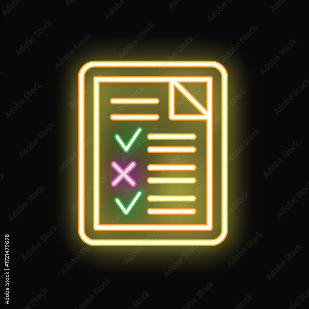 Aufkleber neon icon representing a checklist with glowing green checkmarks and a pink cross mark, symbolizing 