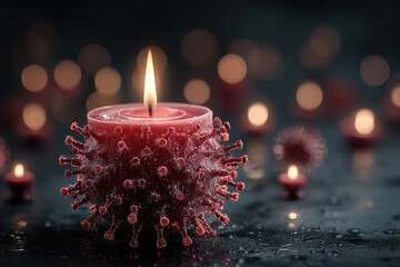 Lit candle illuminating virus particles against a blurred bokeh backdrop, symbolizing the importance of following safety precautions amidst the continuing pandemic this holiday season