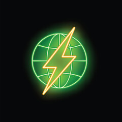 Neon sign representing global electrical power supply with a green world grid and a yellow lightning bolt on a black background