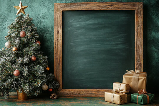 Generative AI festive school New Year banner with empty chalkboard, Christmas decorations for copy space advert