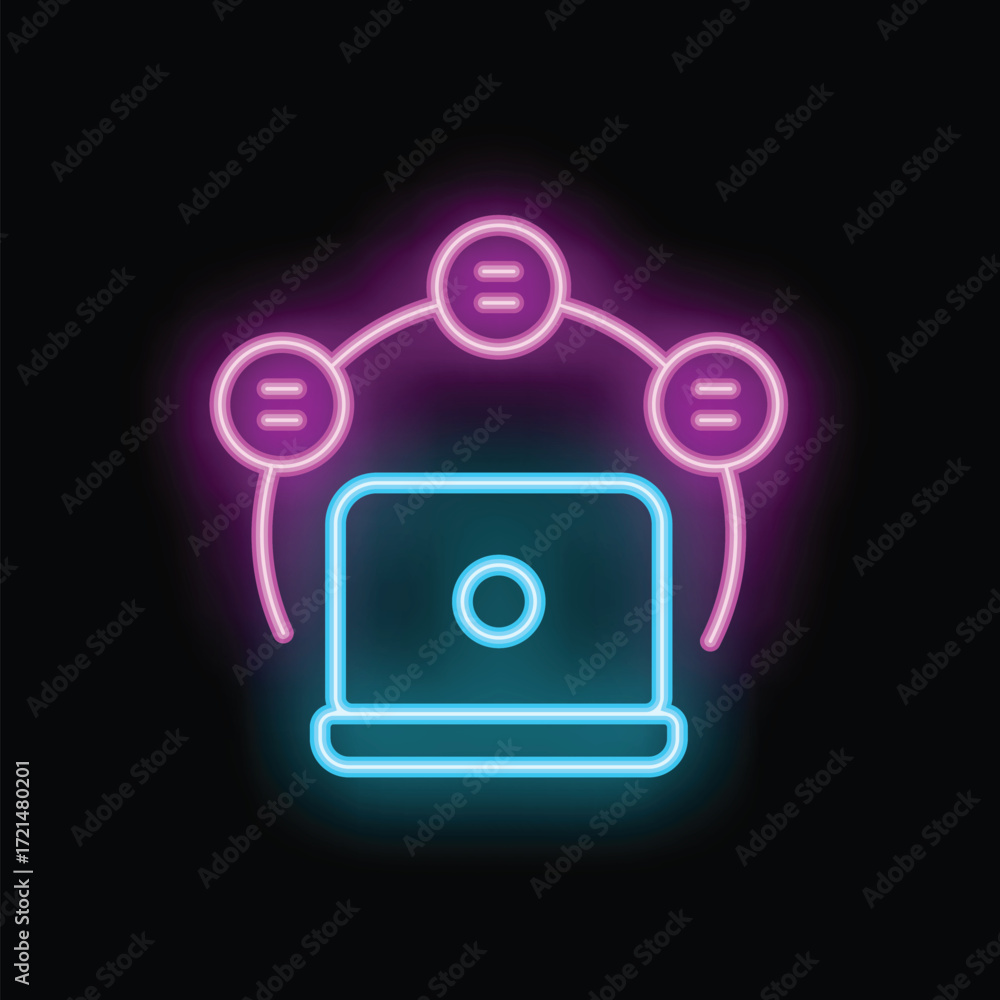 Aufkleber neon computer network concept with a laptop surrounded by nodes on a dark background