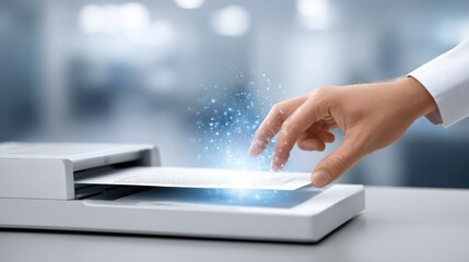 A hand is about to place a document into a scanner, with a magical spark effect suggesting digital transformation.