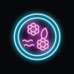 Bright neon sign depicting a round aquarium with flowers and water waves, perfect for illustrating concepts like pet shop or decoration