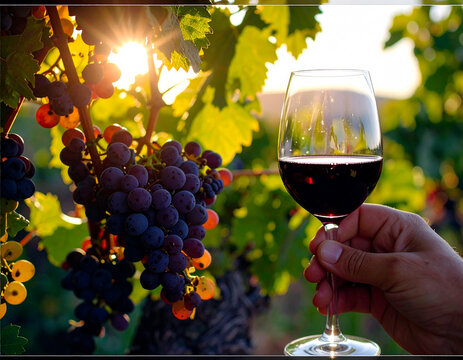 Um parreiral de uva,  uma m&atilde;o segurando uma ta&ccedil;a de vinho tinto no por do sol .