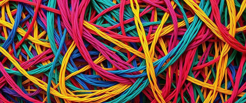 Intricate tangle of vibrant colored threads forming a textured background, silk, thread background
