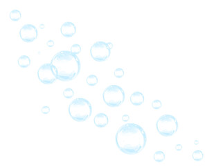 Transparent bubbles floating on a white background, creating a light and airy atmosphere, ideal for design projects and creative overlays with copy space