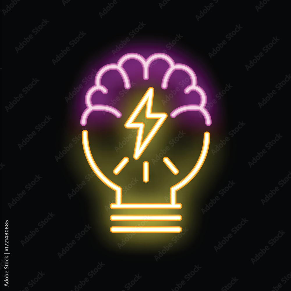 Poster neon light bulb with a brain and lightning inside, representing the concept of a brainstorming sessi