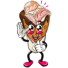 waffle ice cream with chocolate and sprinkles mascot wave hand and give a thumbs up sign, work of hand drawn