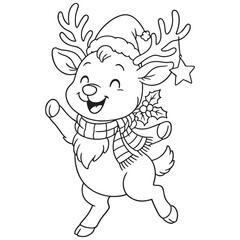 A black and white cartoon of a cute reindeer wearing a Santa hat and a scarf, leaping happily, perfect for a coloring page.