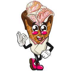 waffle ice cream with chocolate and sprinkles mascot greet by giving oke sign, work of hand drawn