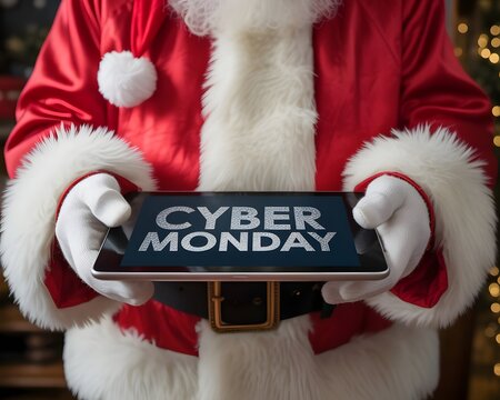 Santa claus holding a tablet with cyber monday sale message - Powered by Adobe