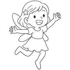 A black and white cartoon of a happy little fairy with wings jumping or running with her arms raised, perfect for a coloring page.