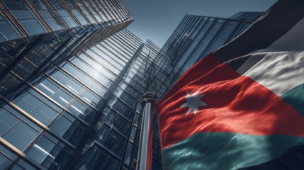 Majestic View of Jordanian Flag Against Modern Glass Skyscrapers in Urban Setting, Capturing Blend of National Pride and Urban Architecture