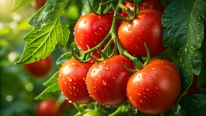 Close up of ripe red roma tomatoes glistening with water droplets on the vine in a sunlit garden
