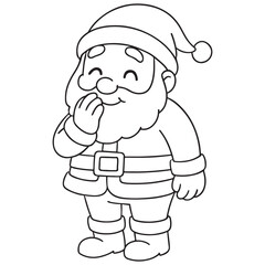 A black and white cartoon of a happy Santa Claus standing and giggling with his hand covering his mouth, perfect for a coloring page.