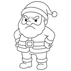 A black and white cartoon of a grumpy Santa Claus standing with hands on his hips and a deep frown, perfect for a coloring page.